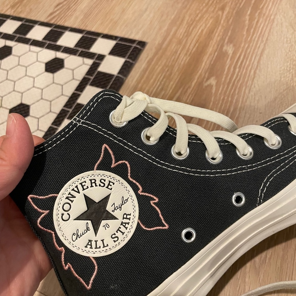 Converse Navy High-Tops with Flower Embroidery